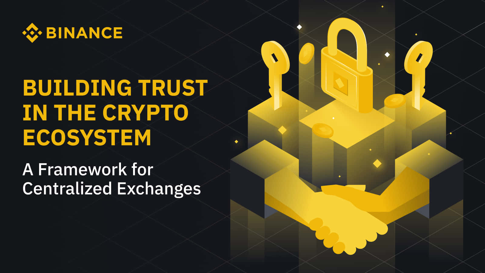 Binance 桌布 壁紙 — 金色等角投影握手和掛鎖圖示，在深色網格背景上推廣幣安的加密貨幣交易所信任框架。