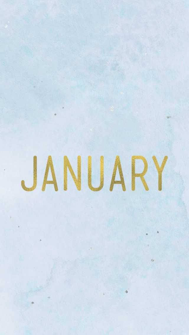 一月 桌布 壁紙 — 金色箔紙字體的「January」一詞在柔軟質感的淺藍色水彩背景上脫穎而出。