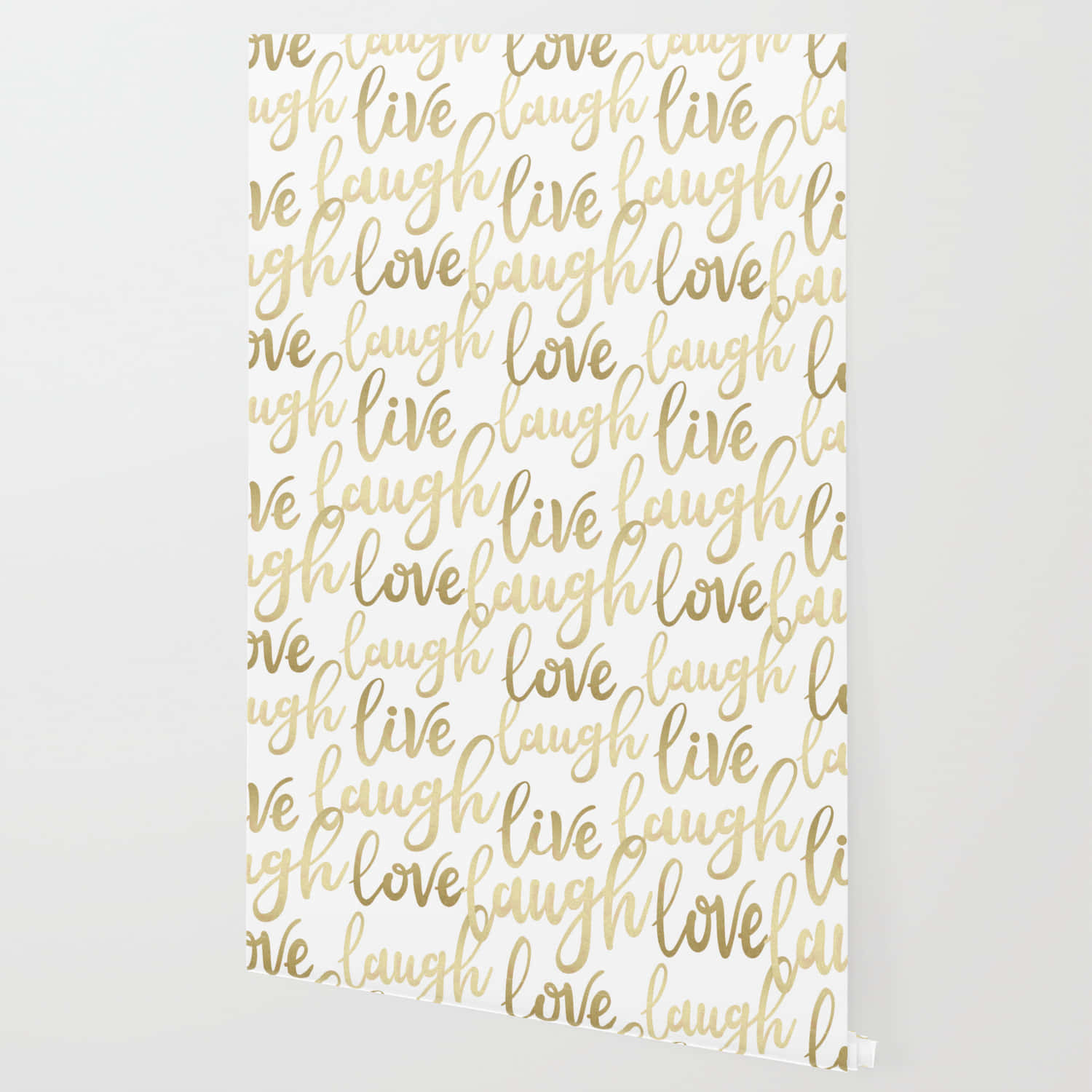 Live Laugh Love 桌布 壁紙 — 金色箔紙手寫字 love laugh live 在白色壁紙表面對角重複。