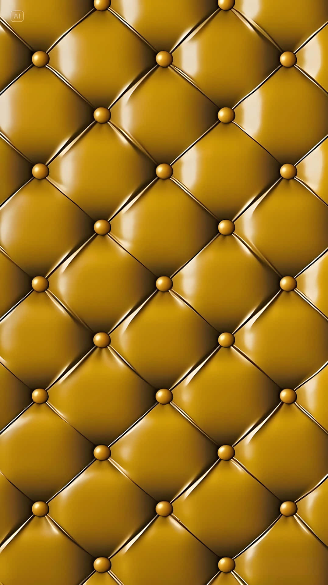 Diamond Stitch Design: Luxe Gold Wallpaper 壁紙 — 金色簇絨皮革的緊密特寫，帶有鑽石縫線和光澤按鈕裝飾。