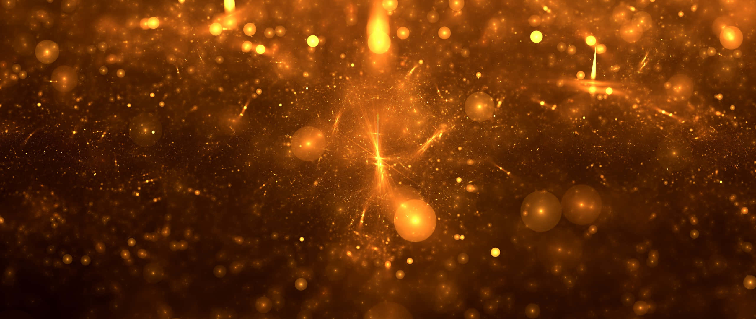 Art 2560x1080 桌布 壁紙 — 金色粒子和發光球體在溫暖的抽象空間中漂浮，伴隨著光芒四射的光線。