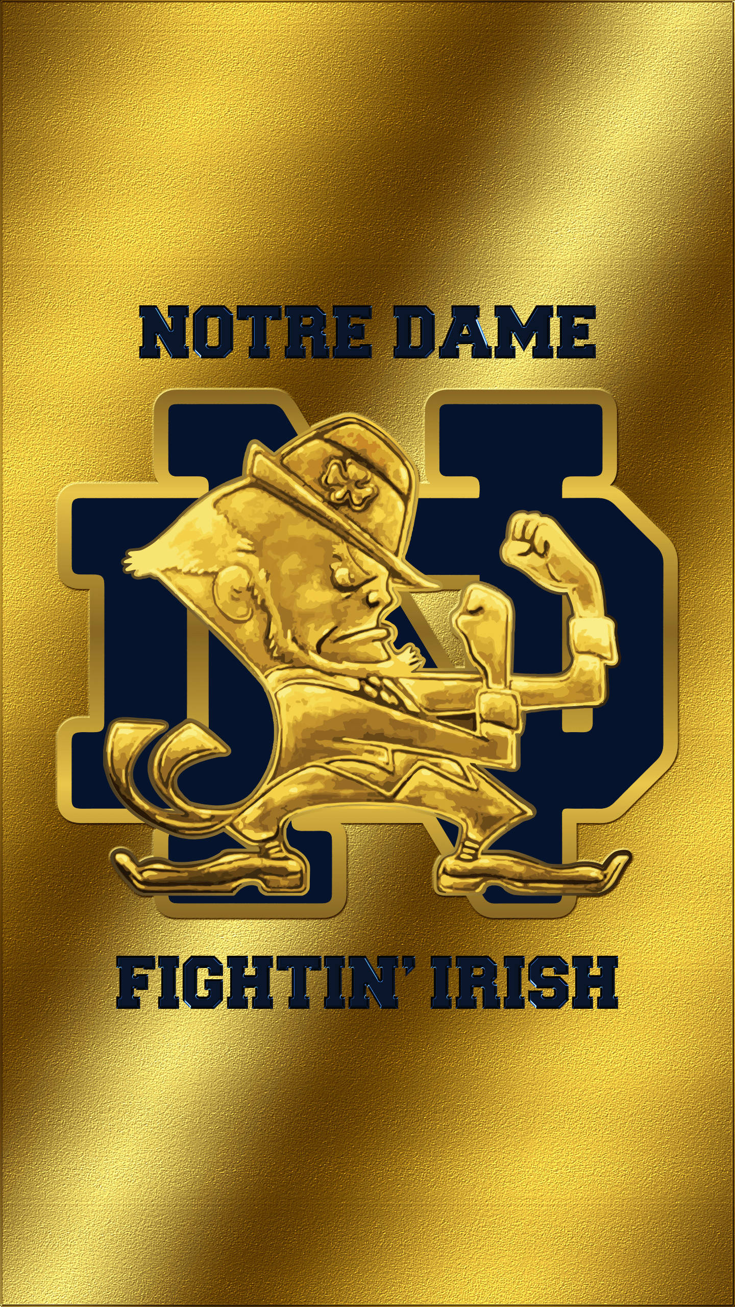 Notre Dame Football 桌布 壁紙 — 金色紋理壁紙，印有聖母大學愛爾蘭戰士標誌及小妖精吉祥物在深藍色背景上展示肌肉。