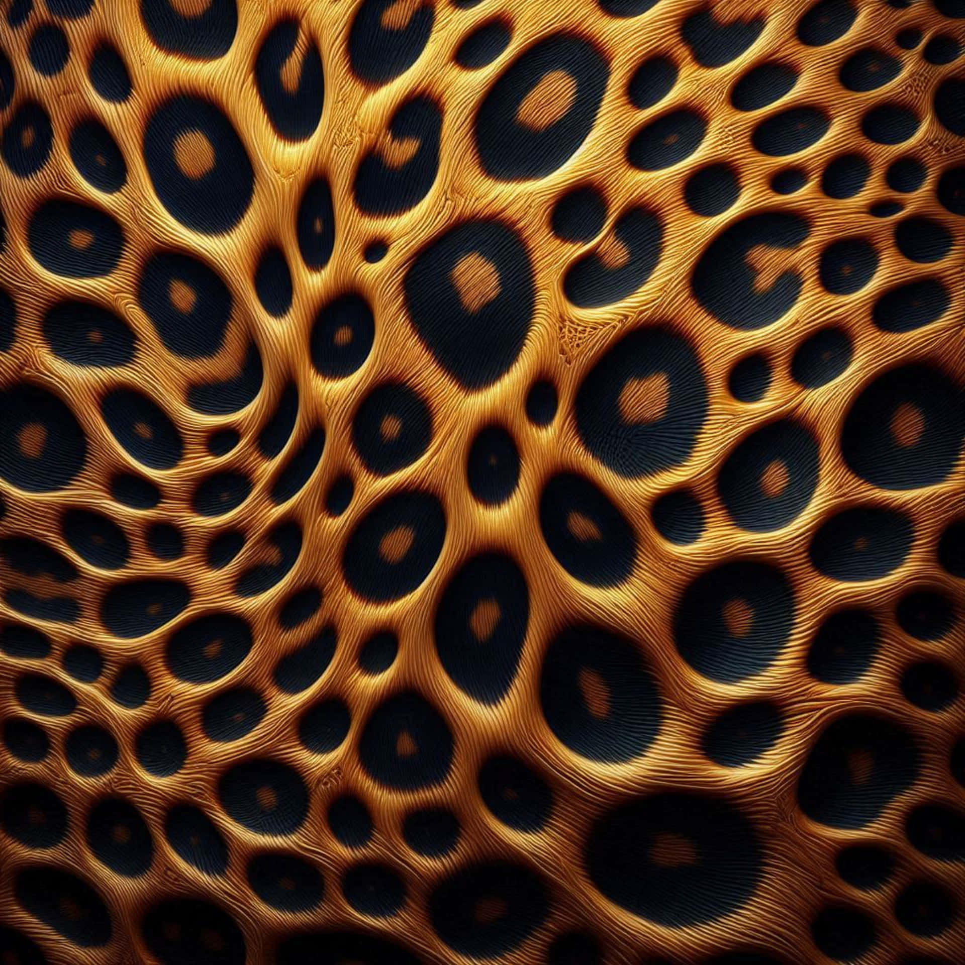 leopard skin texture 壁紙 — 金色紋理表面的特寫，帶有漩渦狀脊線和深色圓形凹陷，形成動態有機圖案。