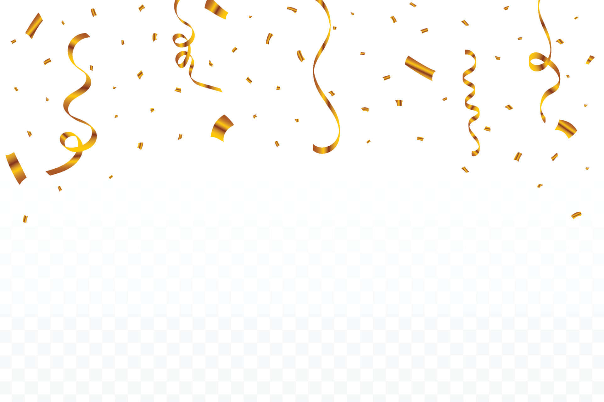 Gold Confetti 桌布 壁紙 — 金色紙屑和彩帶在透明背景上對角線傾瀉而下，營造出節日慶祝的氛圍。