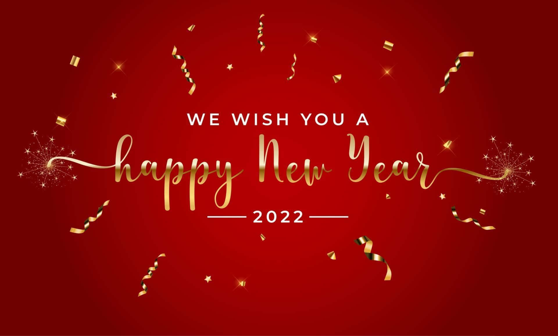 Happy New Year 2022 桌布 壁紙 — 金色紙屑和閃爍煙火在豐富的紅色背景上綻放，慶祝2022年新年。