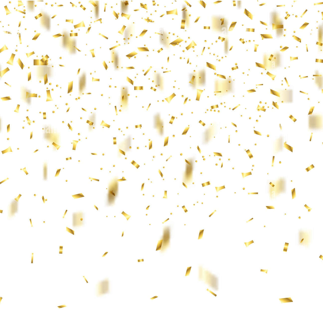 Gold Confetti 桌布 壁紙 — 金色紙屑在明亮的白色背景上漂浮並模糊，營造出節日慶祝的感覺。