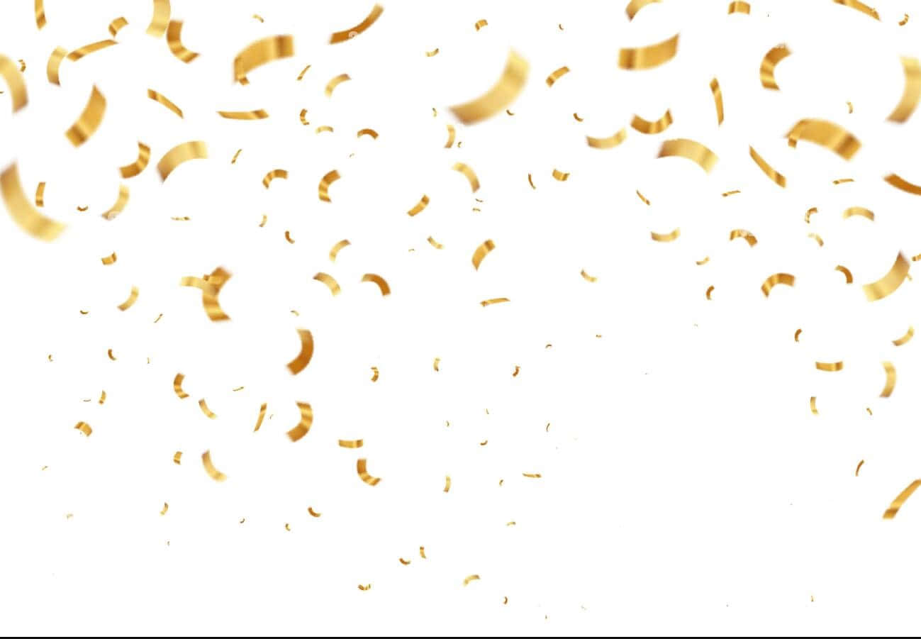Gold Confetti 桌布 壁紙 — 金色紙屑在明亮的白色背景上漂浮和旋轉，營造出節日慶祝場景。