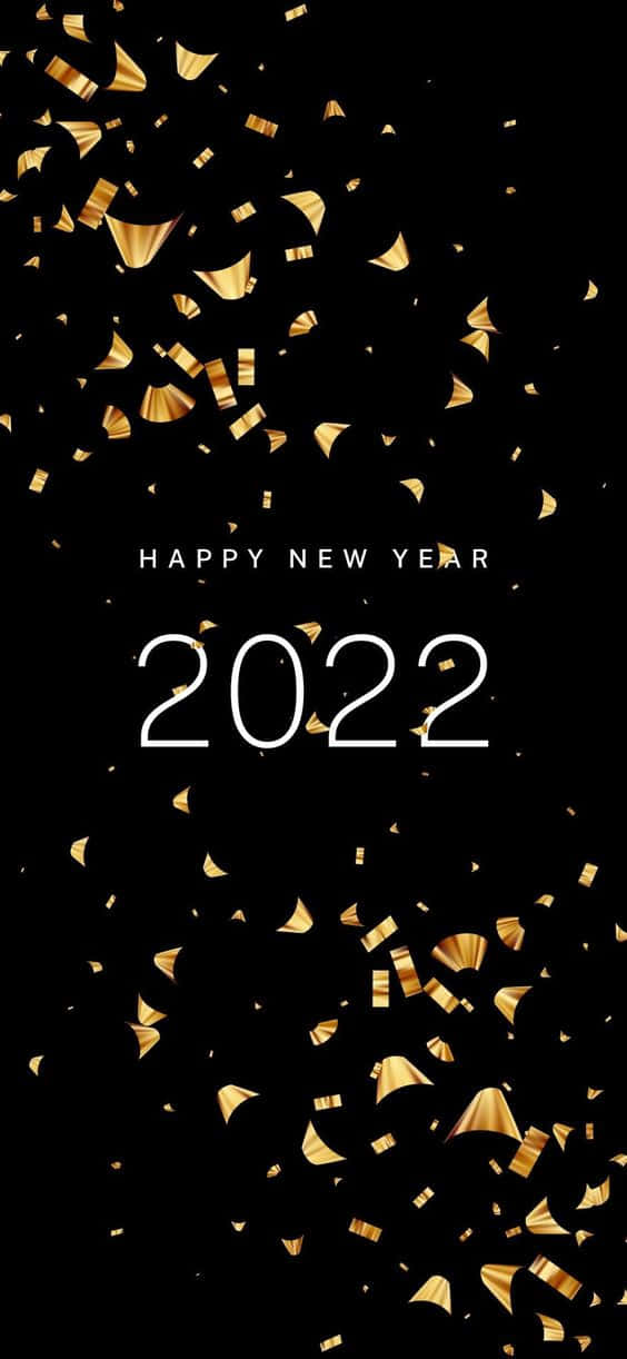 Happy New Year 2022 桌布 壁紙 — 金色紙屑在黑色背景上爆開，白色文字寫著新年快樂2022。