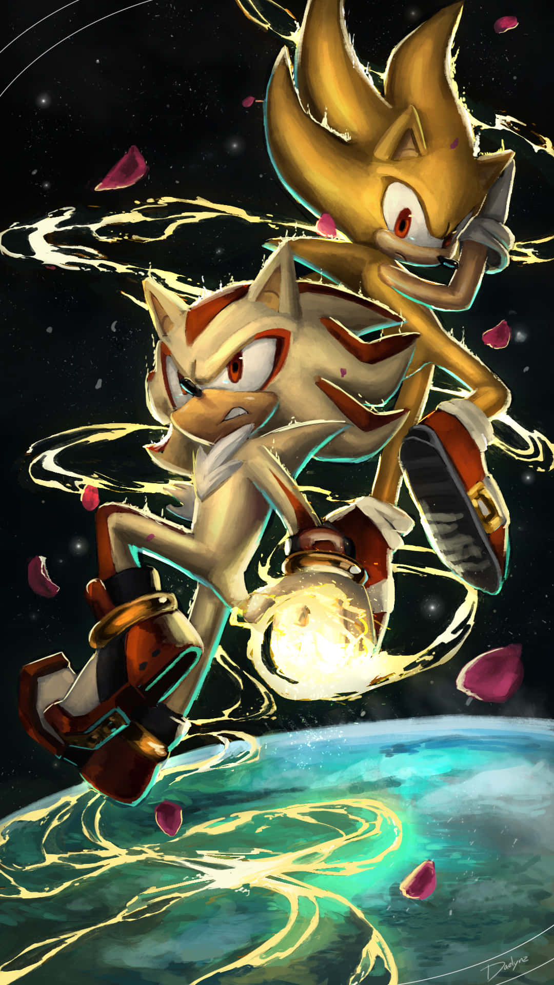 Super Sonic 桌布 壁紙 — 金色索尼克和銀色在發光星球上方帶著能量軌跡和漂浮花瓣穿越太空。