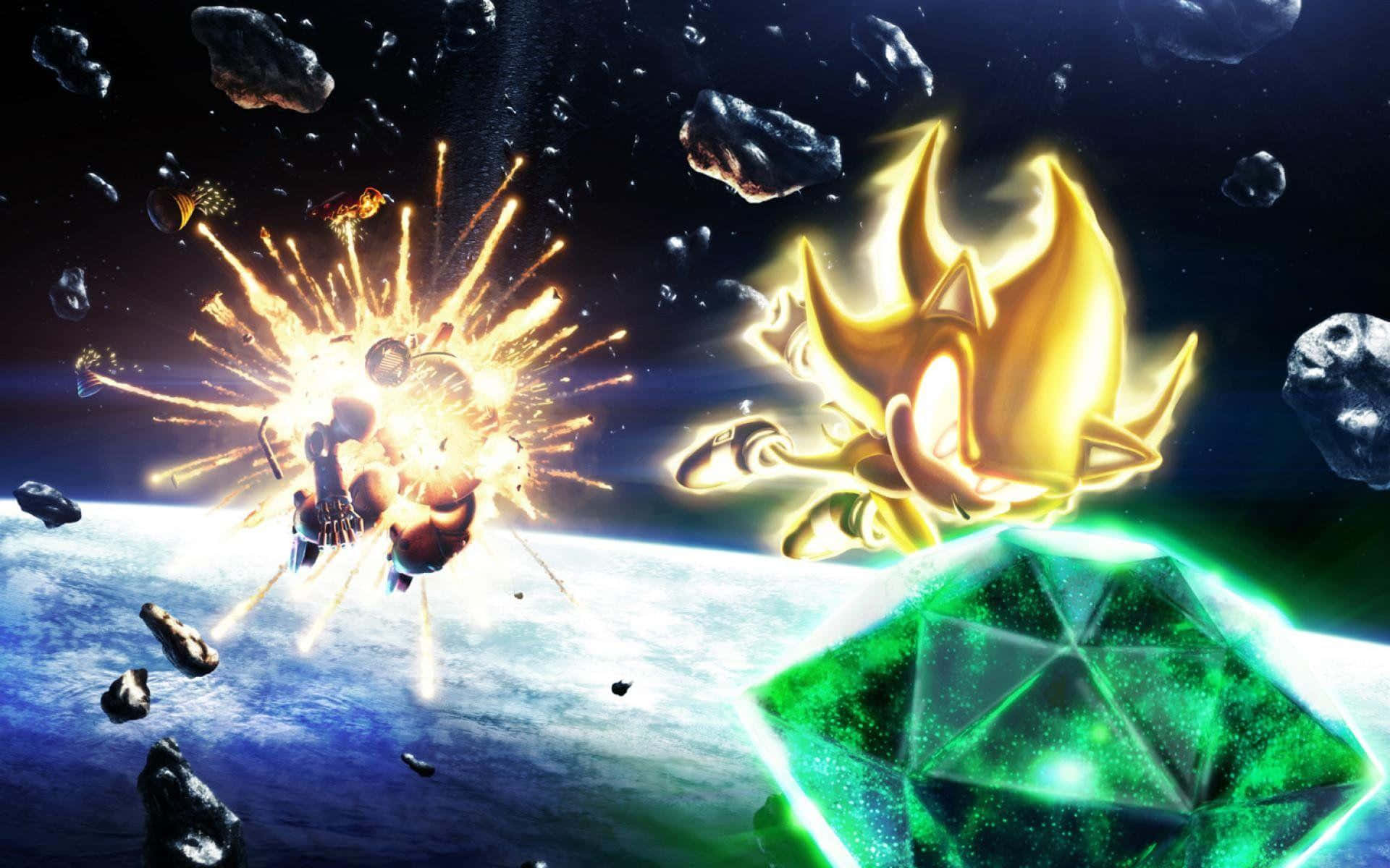Chaos Emeralds 桌布 壁紙 — 金色索尼克在太空飛馳，躲避發光綠色寶石附近的隕石，身後一艘太空船爆炸。