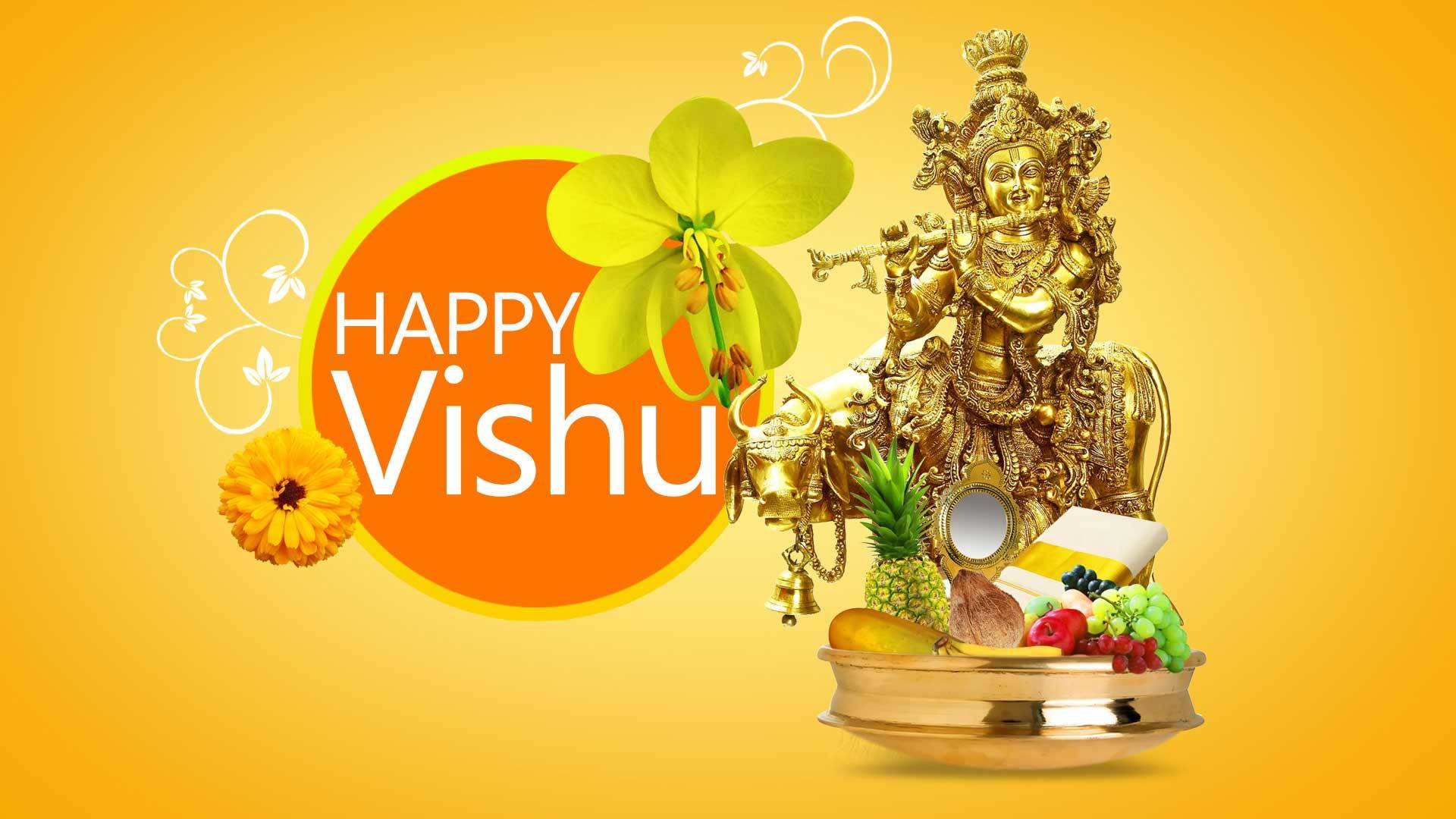 Vishu 桌布 壁紙 — 金色維舒祝福，帶有神像、水果、花卉和文字，背景為溫暖黃色。