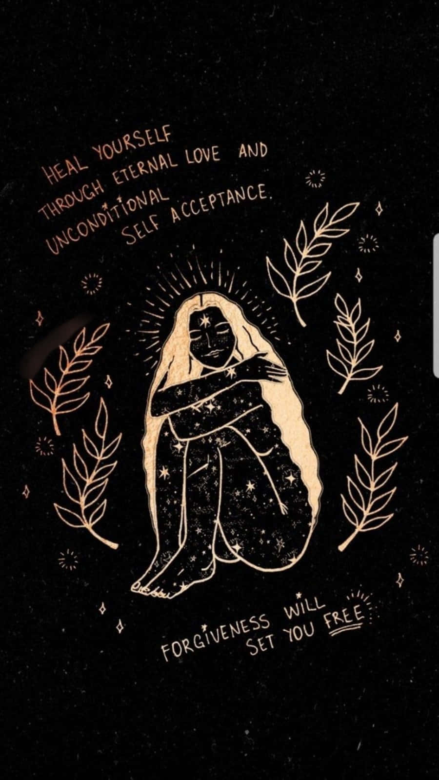 Spirituality 桌布 壁紙 — 金色線條插圖，描繪一位星形頭髮的人物在黑色背景上擁抱自己，並帶有勵志文字和葉子圖案。