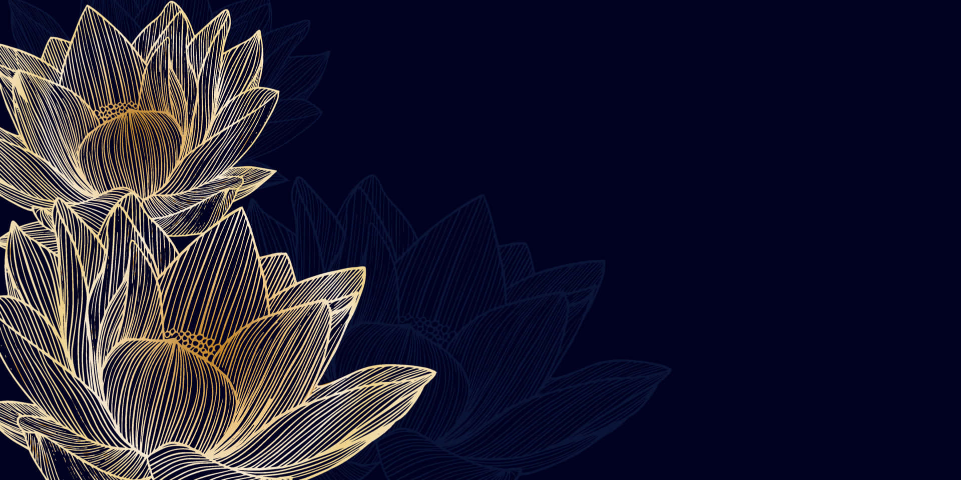 lotus 桌布 壁紙 — 金色線條蓮花在深海軍藍背景上盛開，帶有微妙的漸變色調。
