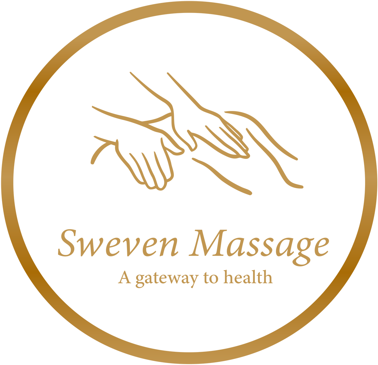 Massage 桌布 壁紙 — 金色線條藝術，在黑色背景上的圓形框架內按摩的手，配以優雅文字。