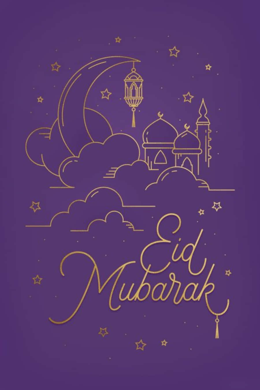 Eid 桌布 壁紙 — 金色線條藝術：新月燈籠清真寺和星星，深紫色背景，附有Eid Mubarak文字。