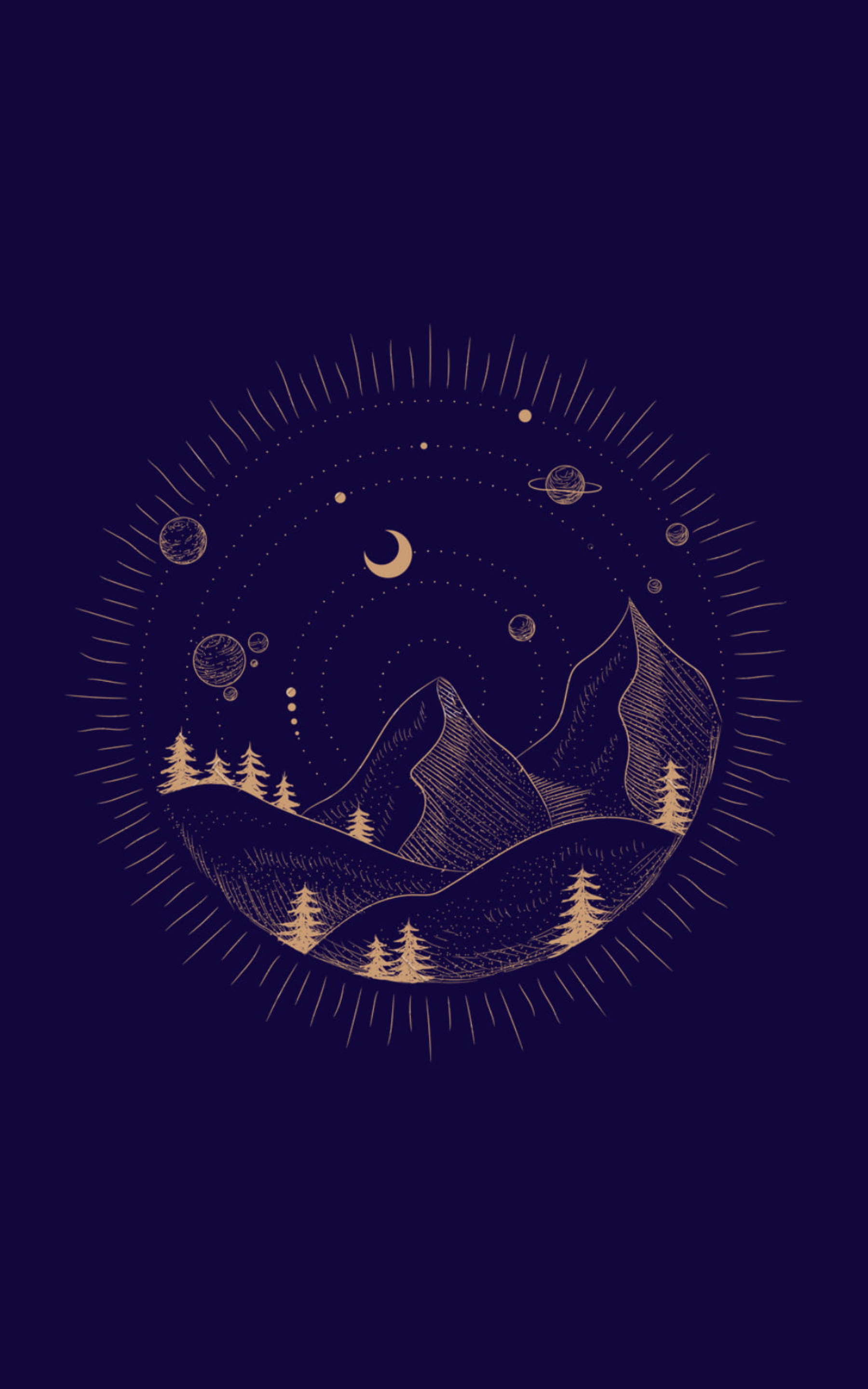 Night Aesthetic 桌布 壁紙 — 金色線條藝術插圖，描繪山脈和松樹，背景為深藍色，上有行星和彎月的宇宙天空。