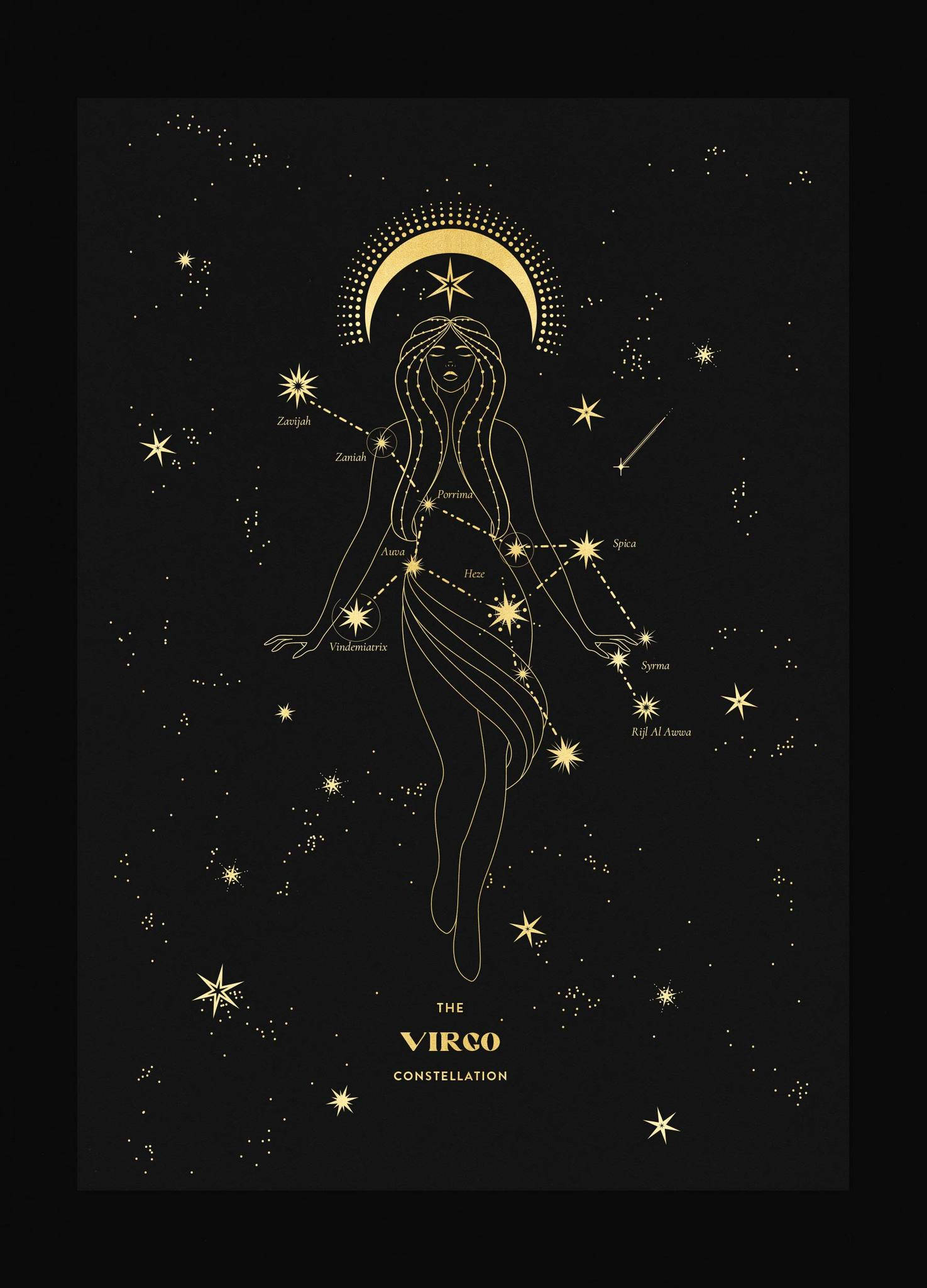 zodiac 桌布 壁紙 — 金色線條藝術插圖，描繪處女座為一位優雅的女性，伴隨星星和彎月，背景為黑色。