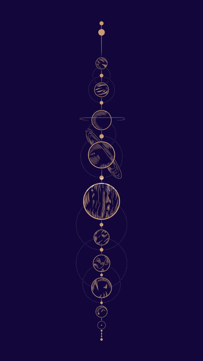 astrology 桌布 壁紙 — 金色線條藝術的天體垂直排列，漂浮在深海軍藍背景上。