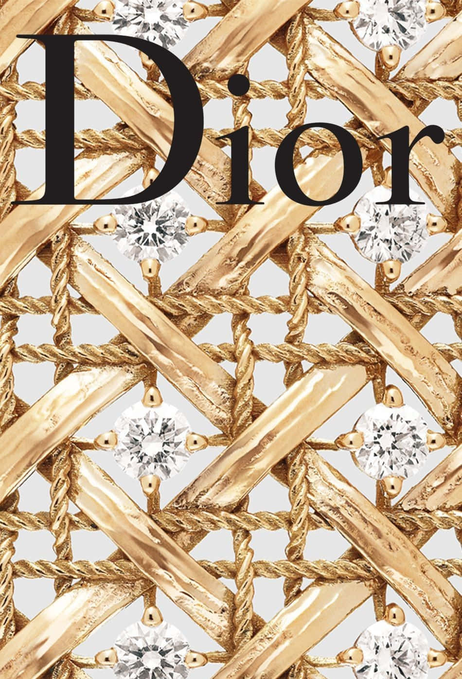 Dior 動態 桌布 壁紙 — 金色編織繩索與閃爍鑽石交織，形成奢華重複圖案，並疊加大膽的黑色Dior標誌。