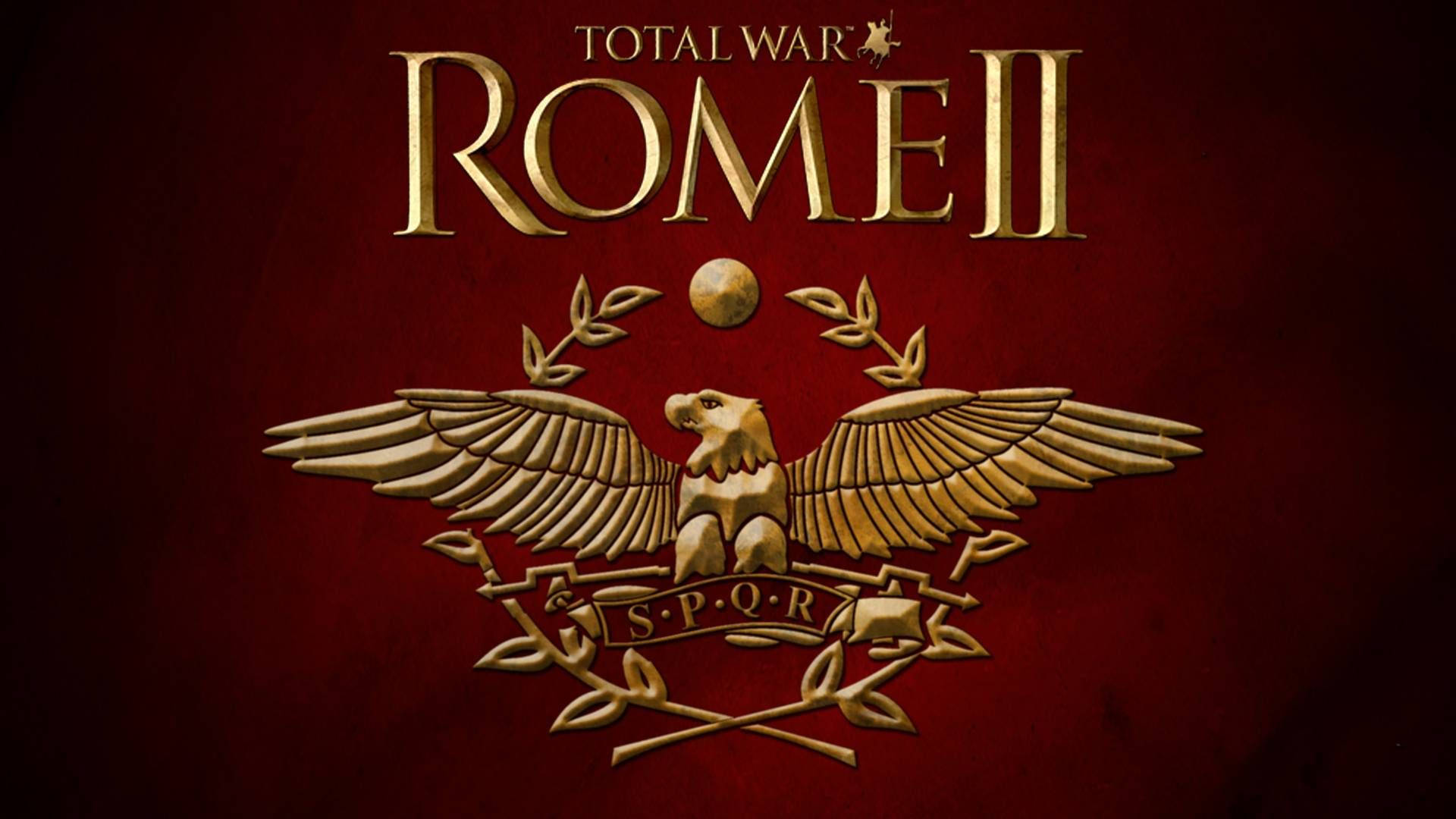 Rome 桌布 壁紙 — 金色羅馬鷹徽章，配有月桂花環和SPQR橫幅，居中於深紅色紋理背景上，下方為Total War Rome II標題。