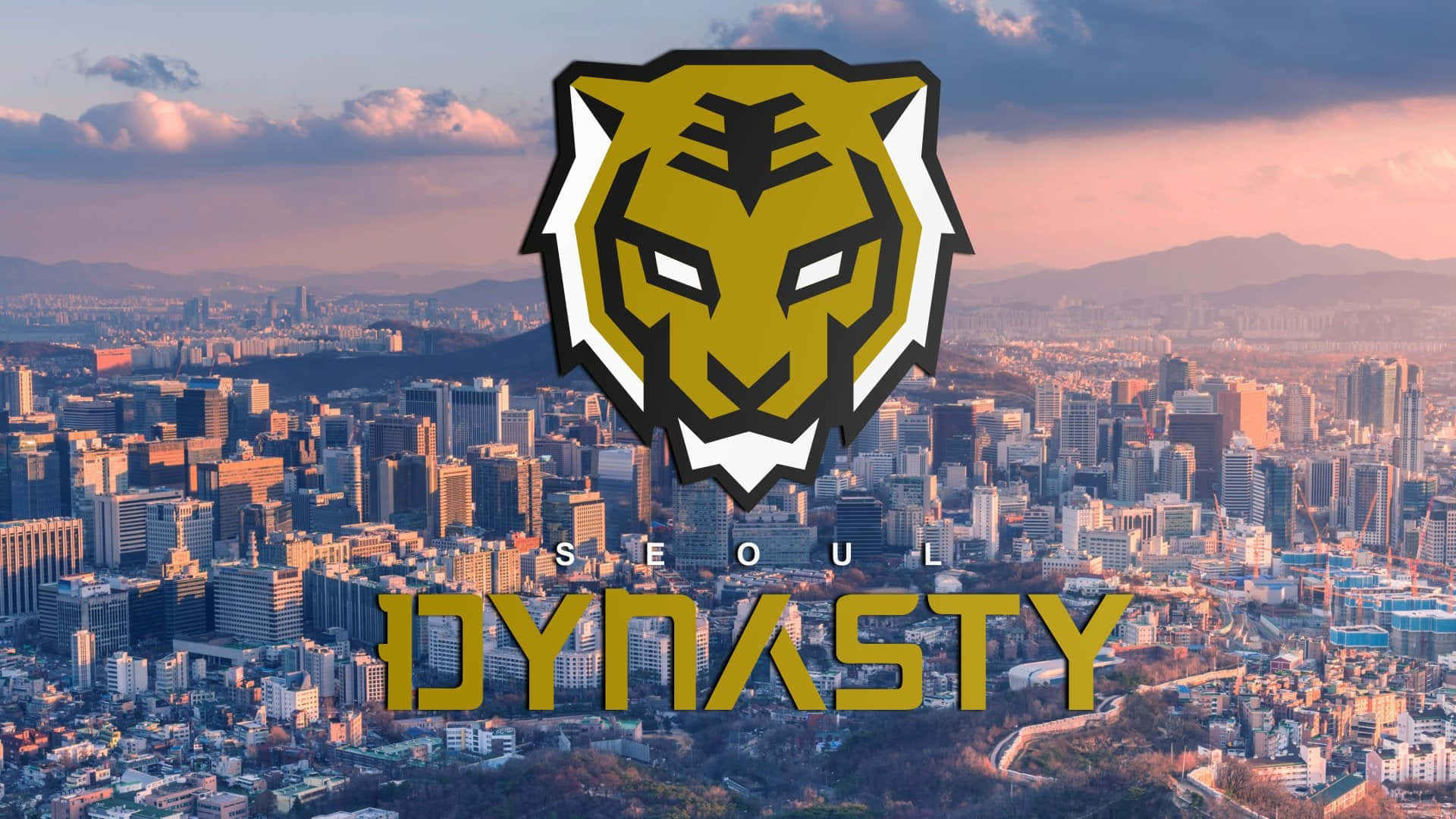 Overwatch League 桌布 壁紙 — 金色老虎頭標誌和'SEOUL DYNASTY'文字疊加在日落時分廣闊的城市景觀上，天空有粉紅色和橙色的雲彩。