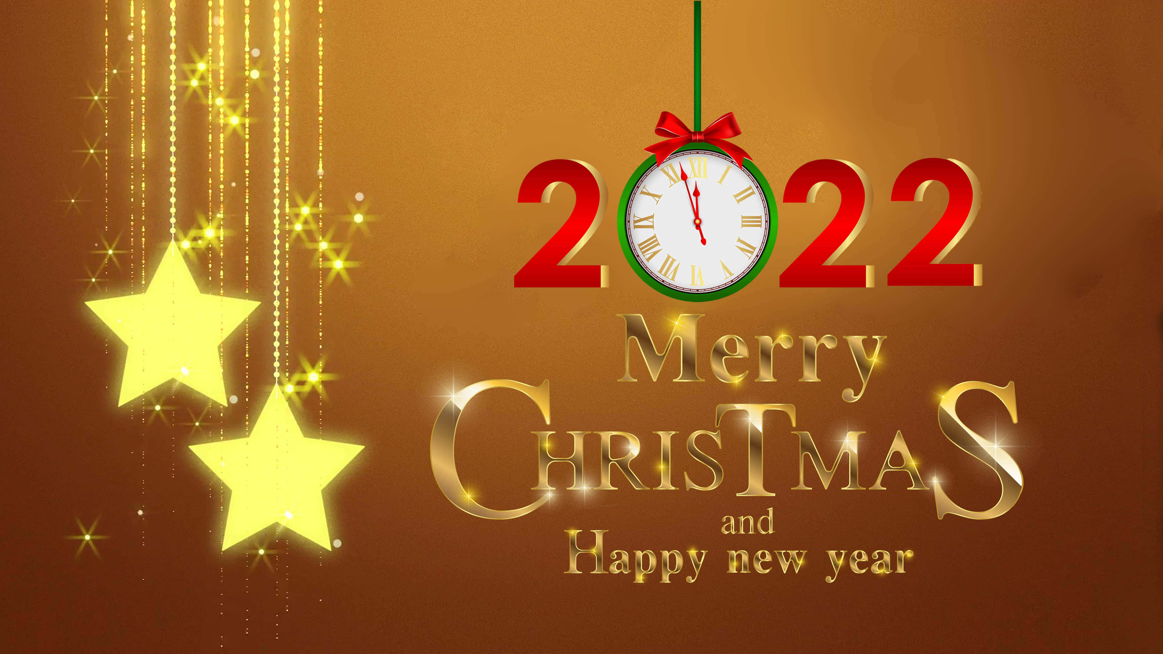 新年 桌布 壁紙 — 金色聖誕祝福，掛有星星和顯示2022年的時鐘，背景為溫暖漸變色。