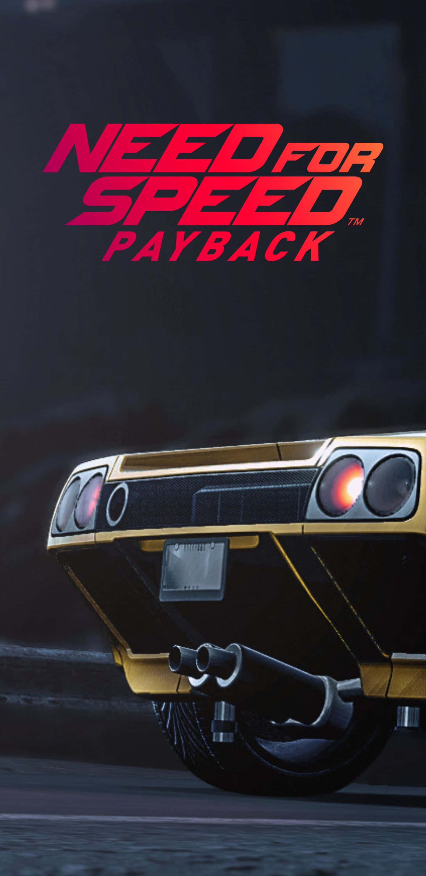 Pixel 3xl Need For Speed Payback 桌布 壁紙 — 金色肌肉車的尾部在黑暗的城市背景下，紅色尾燈閃耀，並帶有『Need for Speed Payback』標誌。