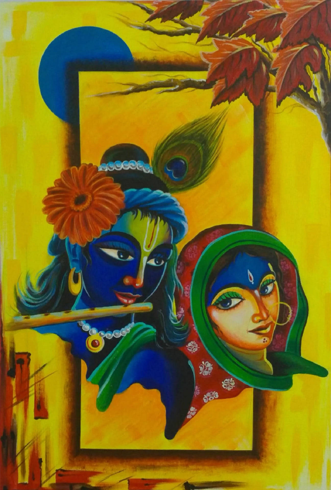 krishna iPhone 桌布 壁紙 — 金色背景上，秋天樹葉下，藍皮膚的克里希納在拉達旁邊吹笛子的生動插圖。