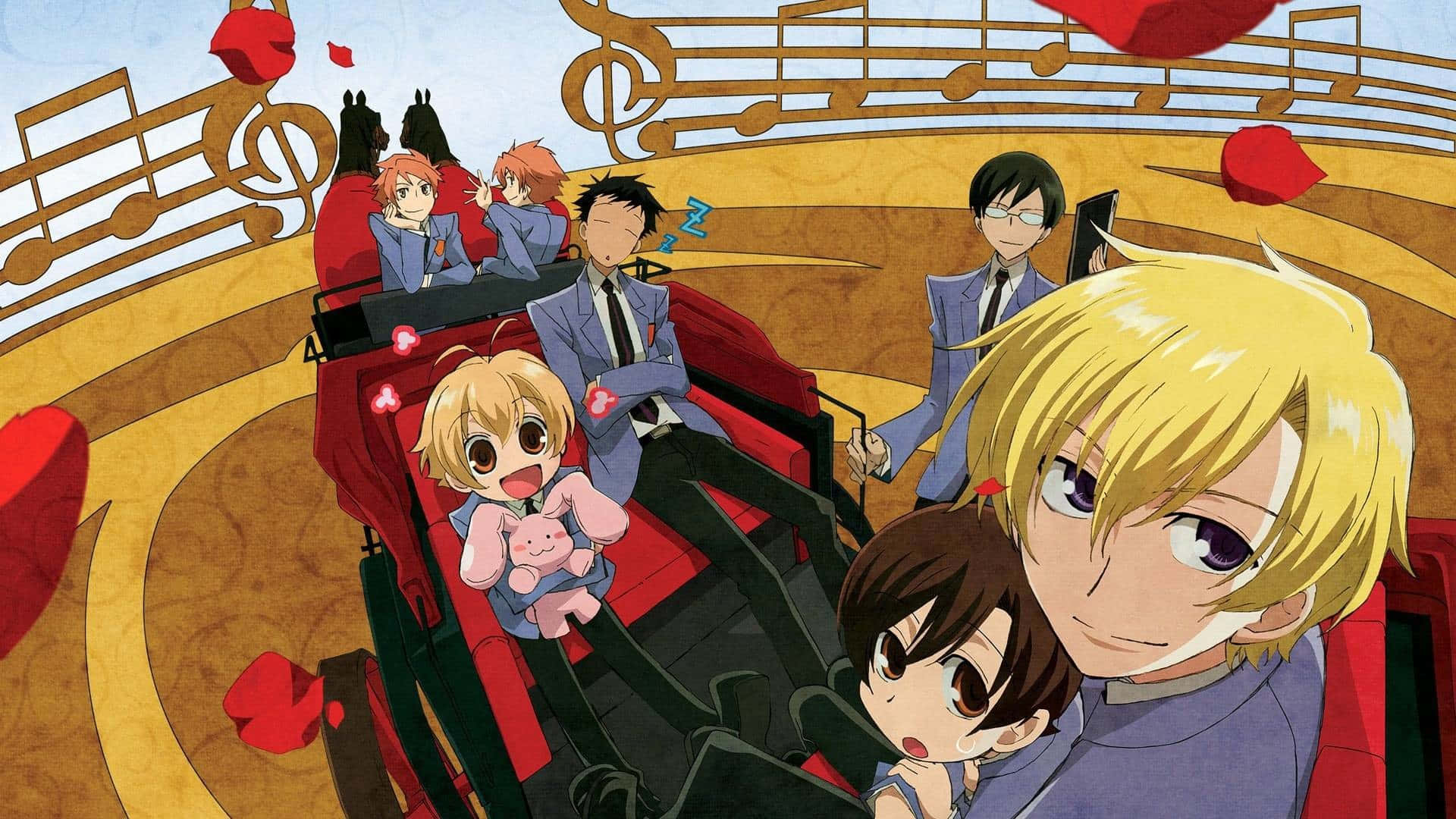 ouran high school host club 桌布 壁紙 — 金色背景上，紅色雲霄飛車中的動漫角色被漂浮的音符和紅色愛心環繞。