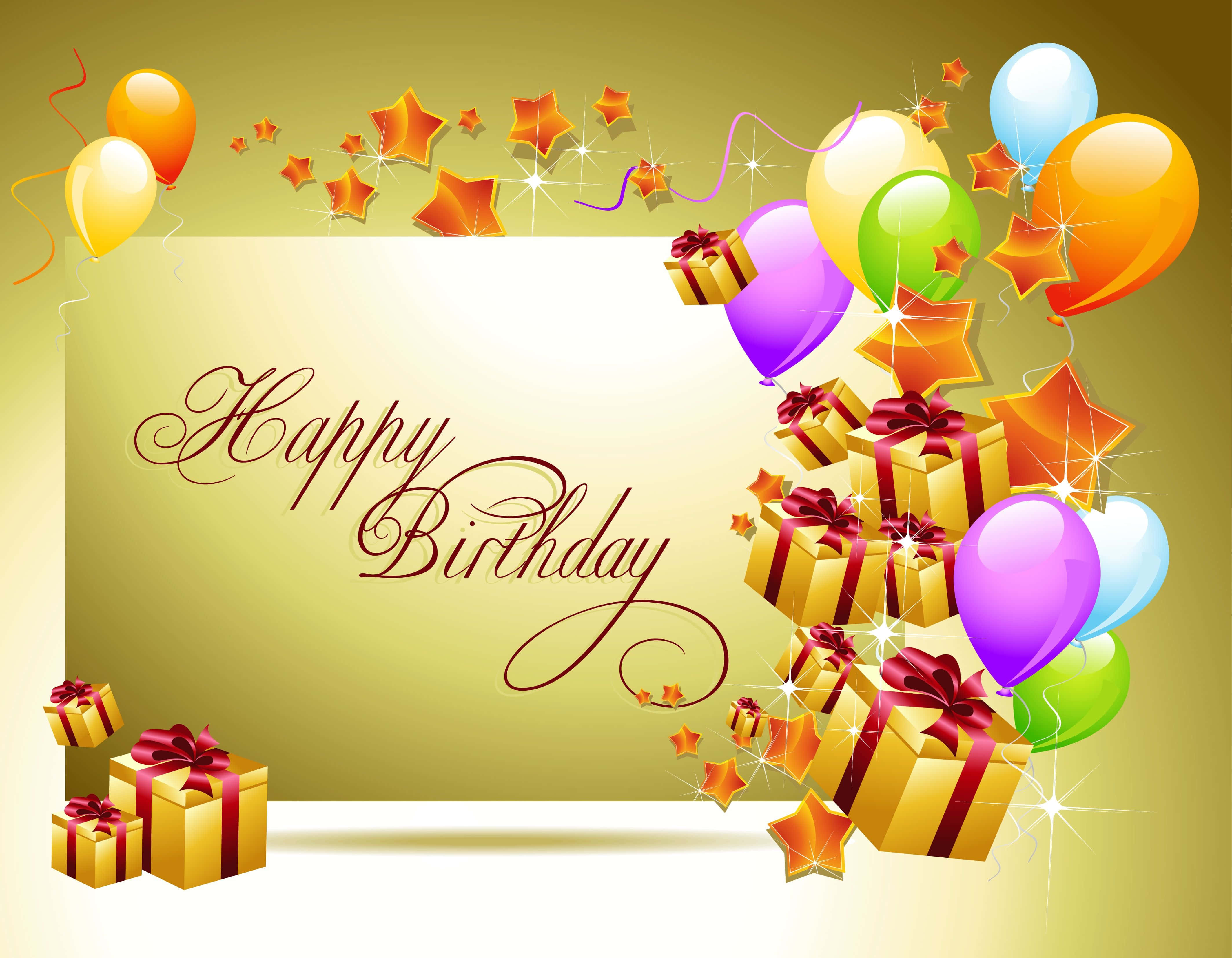 Birthday Wishes 桌布 壁紙 — 金色背景上帶有彩色氣球、禮物和星星的節日生日祝福。