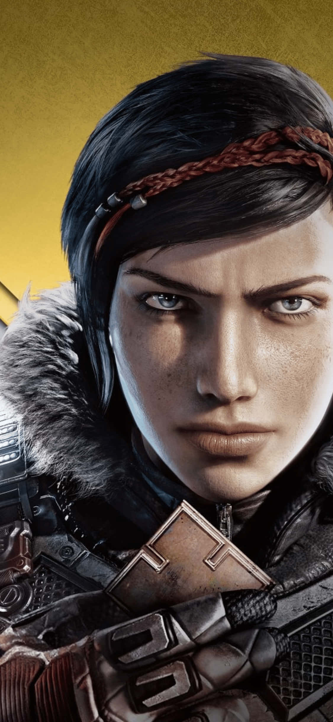 iPhone X Gears Of War 5 桌布 壁紙 — 金色背景前，一位黑髮、戴辮子頭帶的堅定女戰士特寫。