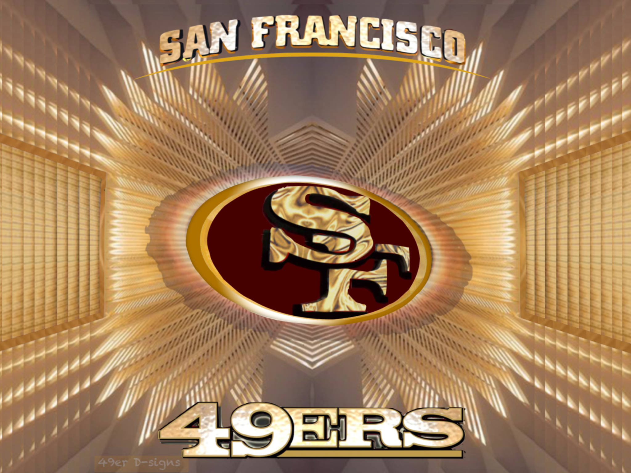 49ers 桌布 壁紙 — 金色舊金山49人隊標誌居中於發光垂直光束的燦爛隧道中，上下方有球隊名稱文字。