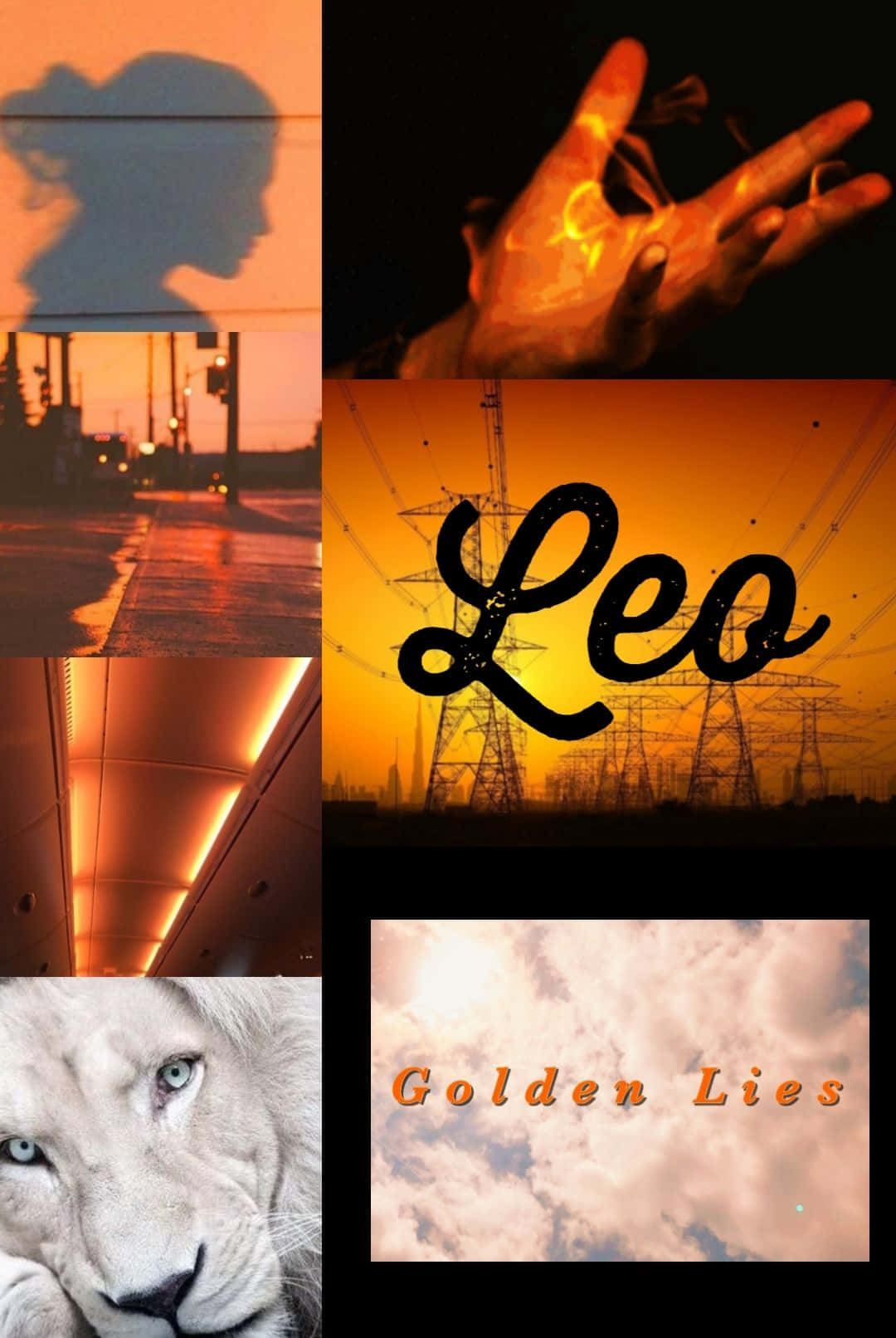 Leo 桌布 壁紙 — 金色色調場景的拼貼畫，包括獅子的臉、手裡的火、電線和文字疊加。