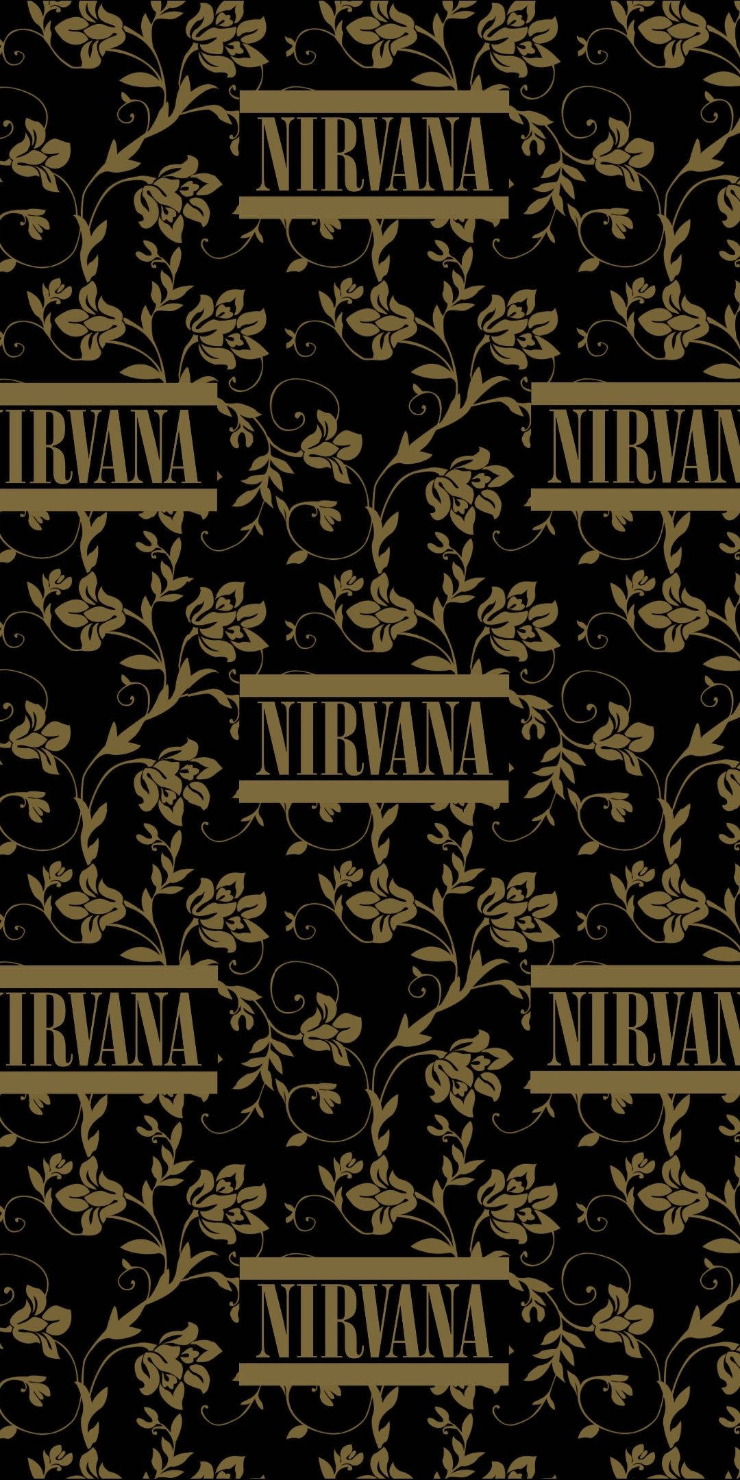 nirvana 4K 桌布 壁紙 — 金色花卉藤蔓和'NIRVANA'標誌在帶有復古壁紙紋理的黑色壁紙上重複。