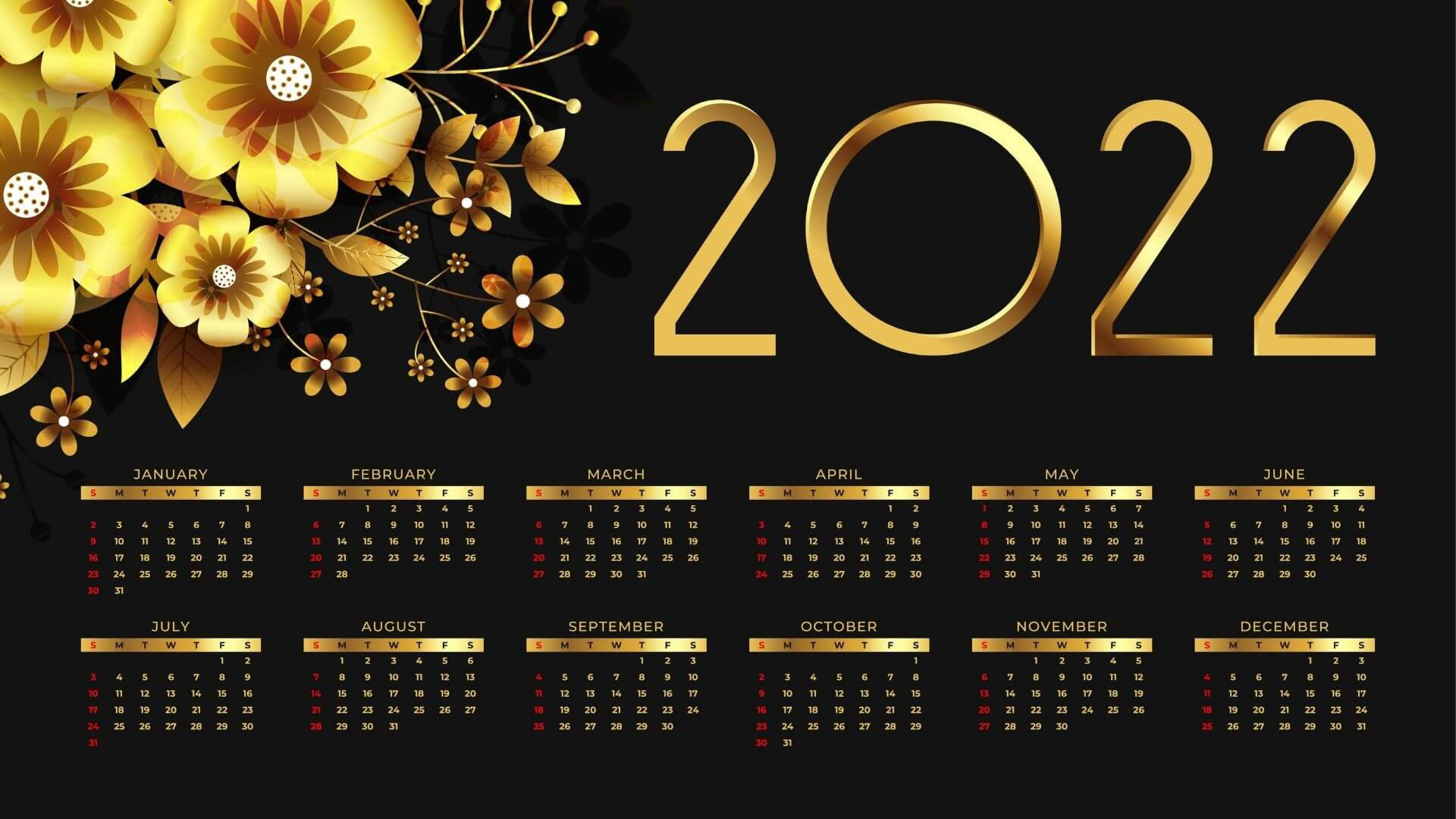 Calendar 桌布 壁紙 — 金色花卉設計和粗體 2022 文字點綴在帶有月曆格子的時尚黑色日曆佈局上。