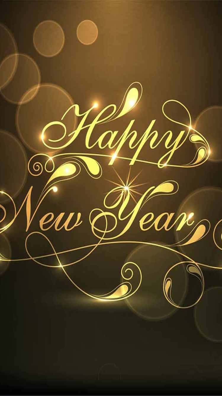新年快樂 桌布 壁紙 — 金色草書 'Happy New Year' 文字在深色背景上發光，帶有柔和散景燈光。