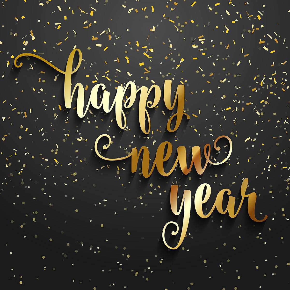 New 桌布 壁紙 — 金色草書 'happy new year' 文字，在深色背景上飄落五彩紙屑。