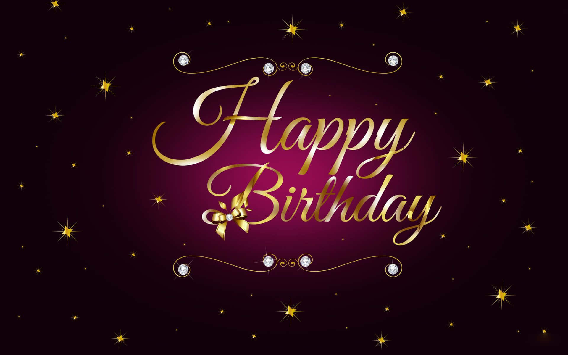 生日快樂 桌布 壁紙 — 金色草書Happy Birthday文字，飾有鑽石和閃光，背景為深紫色星空。