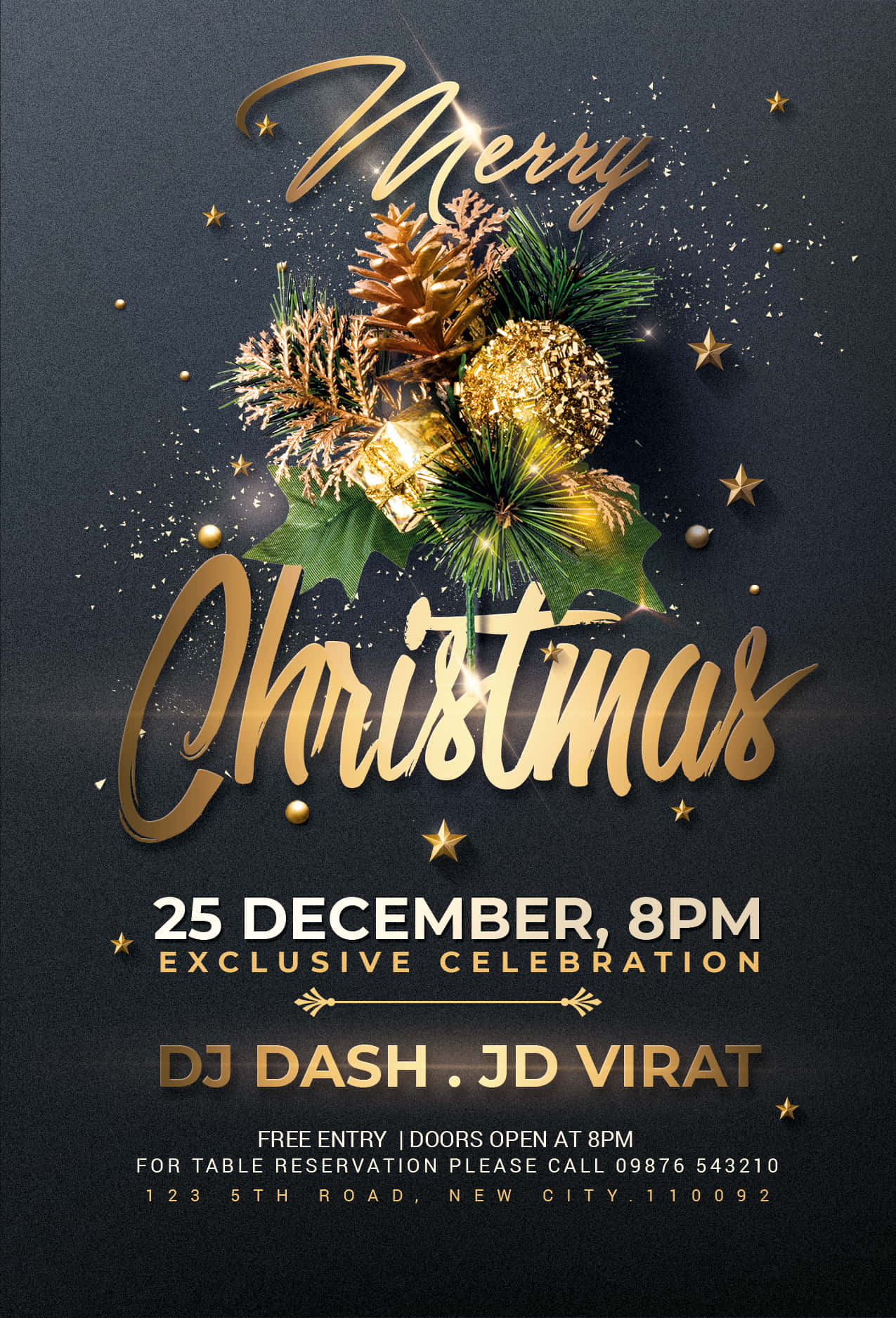 Christmas Flyer 桌布 壁紙 — 金色草書Merry Christmas文字，搭配松果和星星，置於深色紋理背景上，適合節日活動海報。