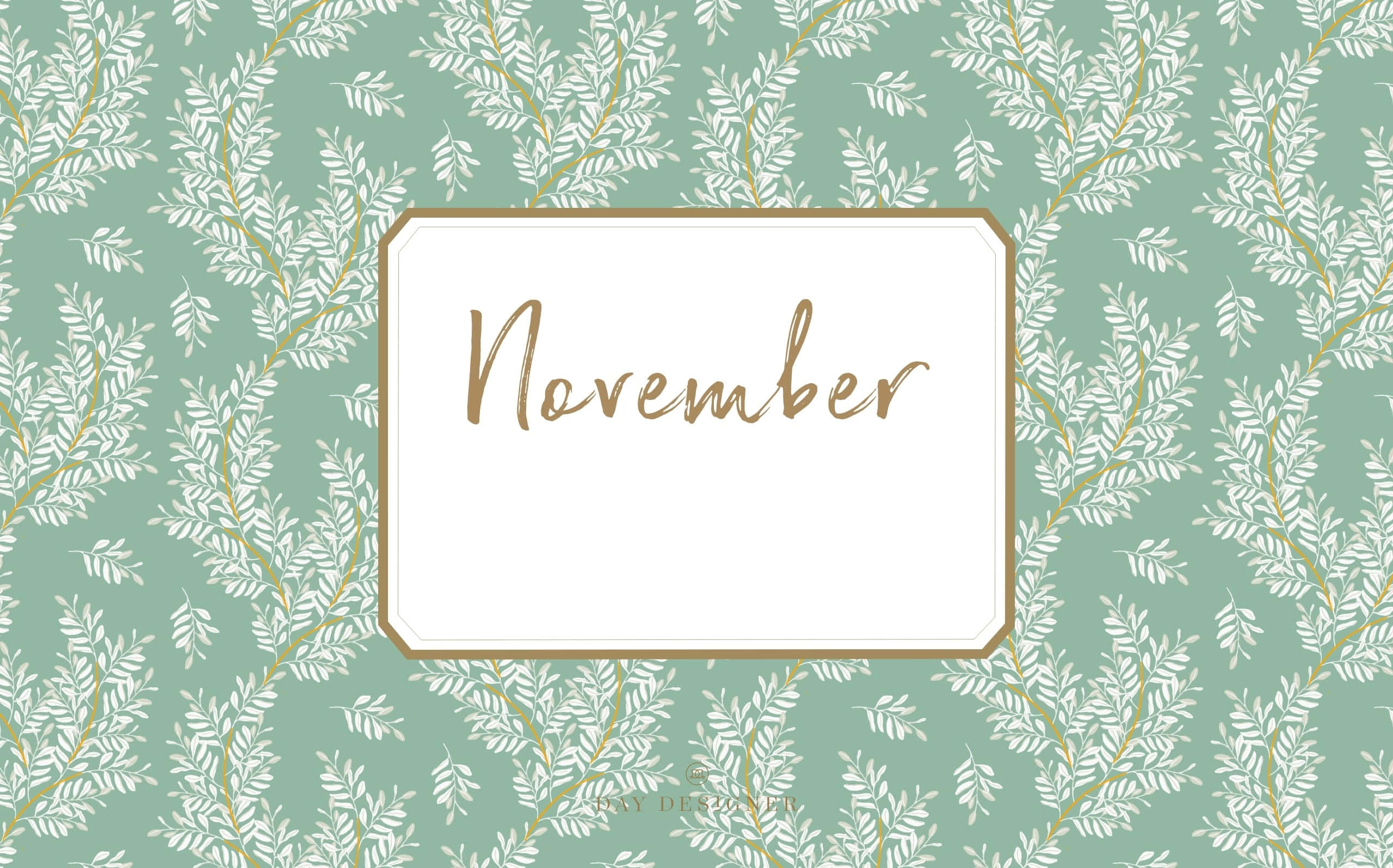 Aesthetic November 桌布 壁紙 — 金色草書十一月標籤居中於薄荷綠色背景上，帶有白色和金色的樹枝葉。