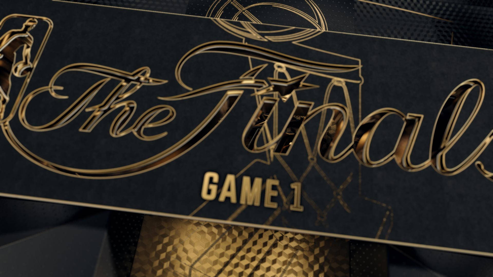 閃亮的金色文字在深色紋理運動圖形上宣告 'The Finals Game 1'。