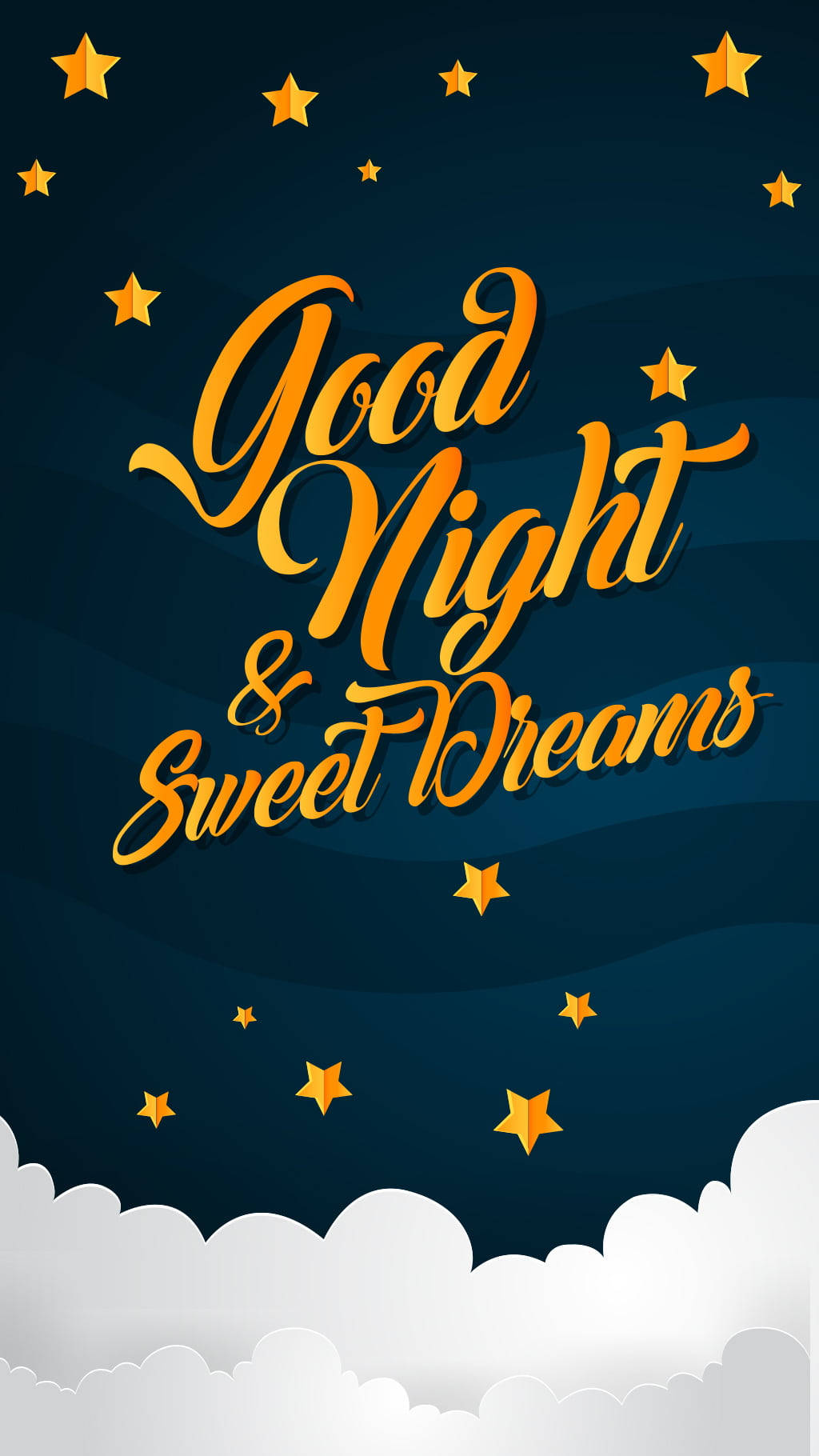晚安 桌布 壁紙 — 金色草書文字在點綴著星星和白雲的深藍色夜空上寫著「晚安，好夢」。