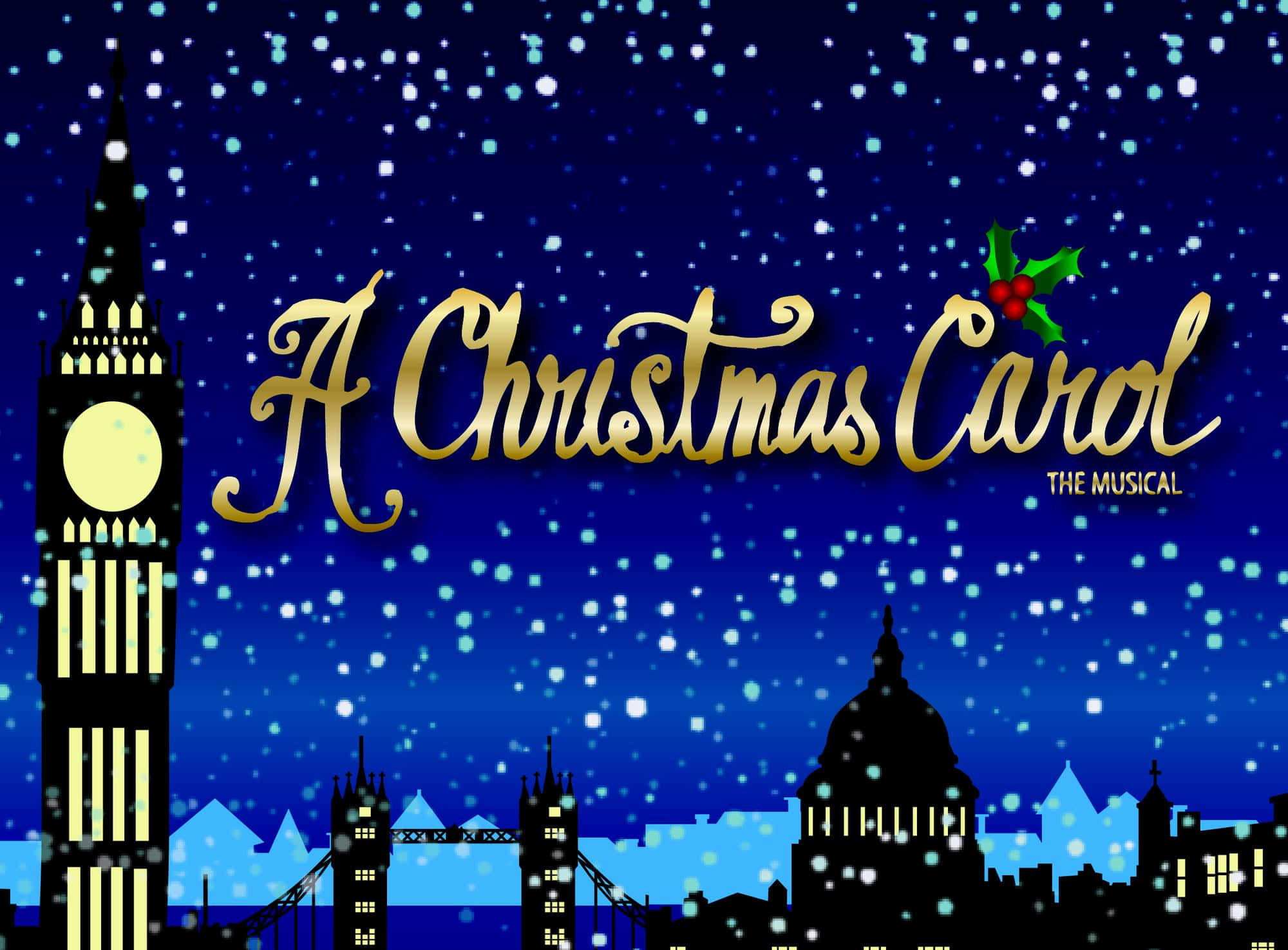 聖誕頌歌 桌布 壁紙 — 金色草書標題 A Christmas Carol 飄浮在白雪覆蓋的倫敦天際線之上，大笨鐘和塔橋在星空下呈現剪影。