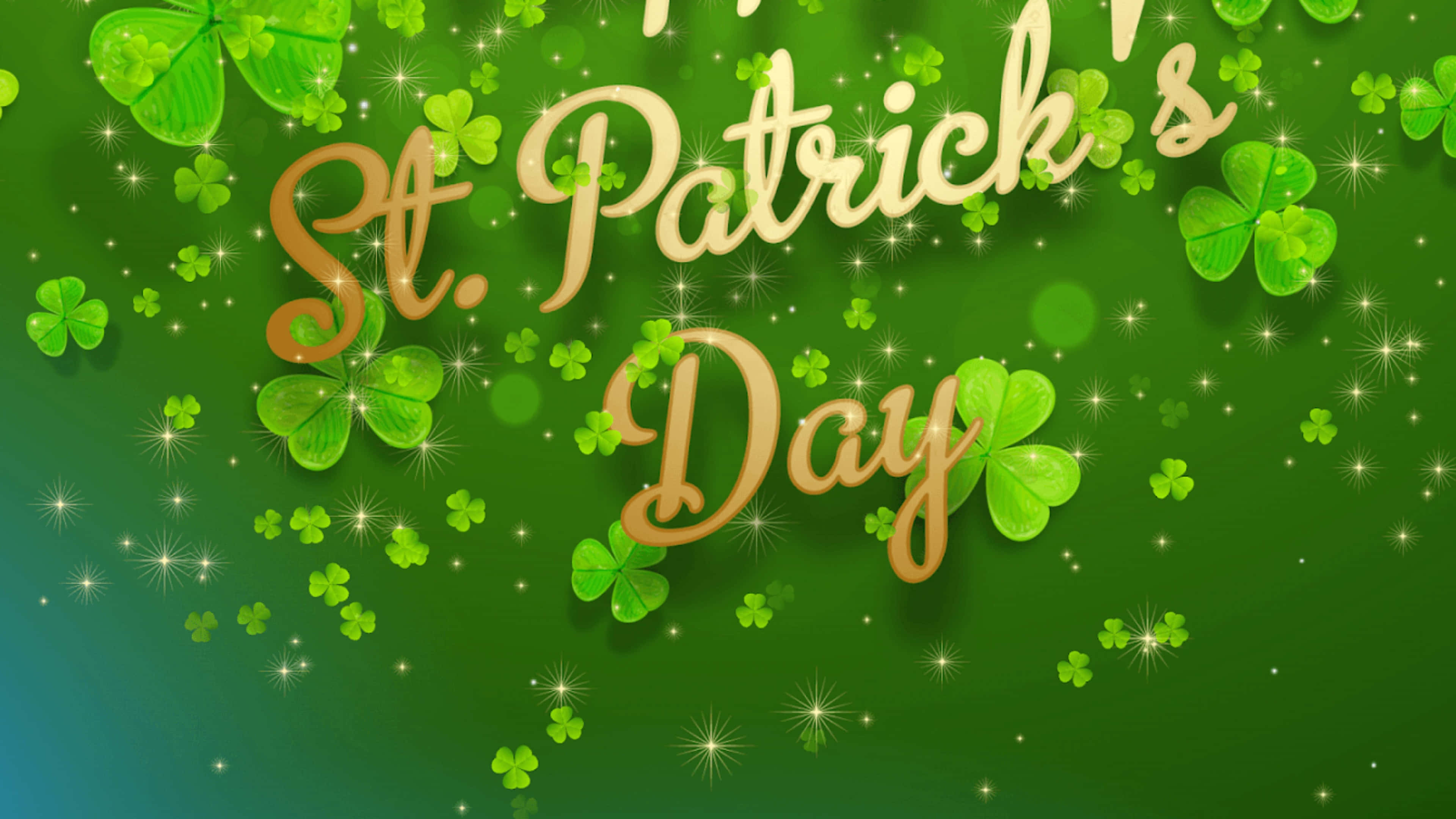 Saint Patricks Day 桌布 壁紙 — 金色草書聖派翠克節文字，周圍環繞著發光的三葉草，背景為漸層綠色，帶有閃爍的星星。