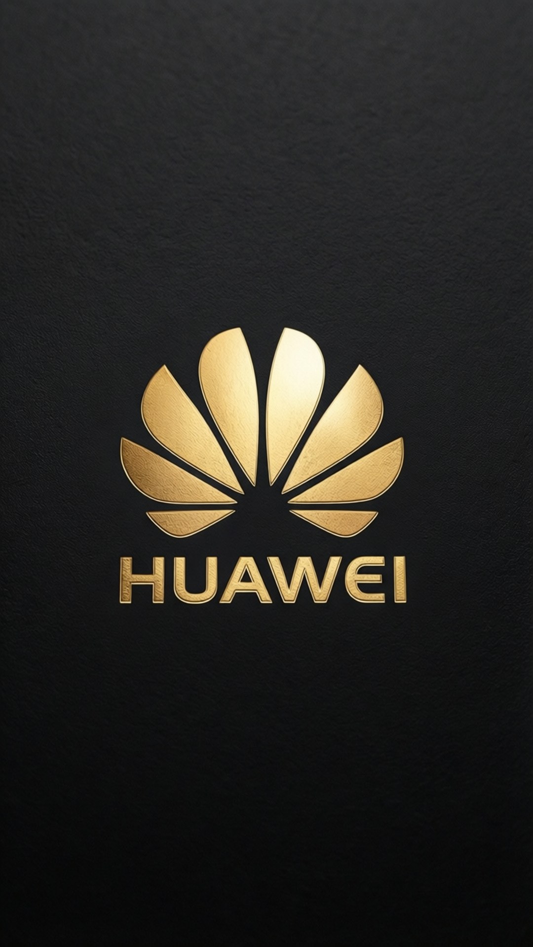 金色華為極簡風格 壁紙 — 金色Huawei標誌在帶有金屬光澤的紋理黑色皮革背景上閃耀。