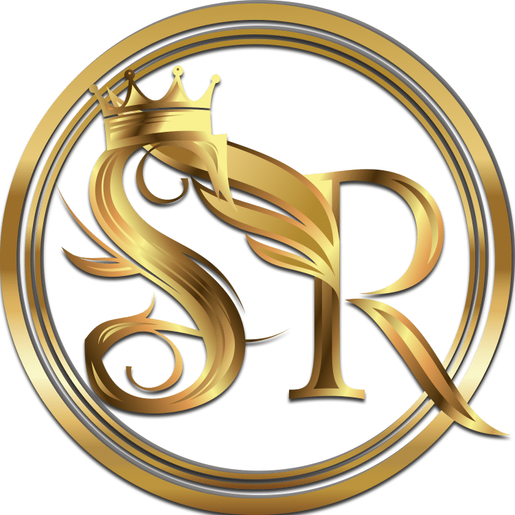 Skyrim Logo 桌布 壁紙 — 金色華麗SR字母組合，帶皇冠，置於雙圓圈內，深綠色背景。