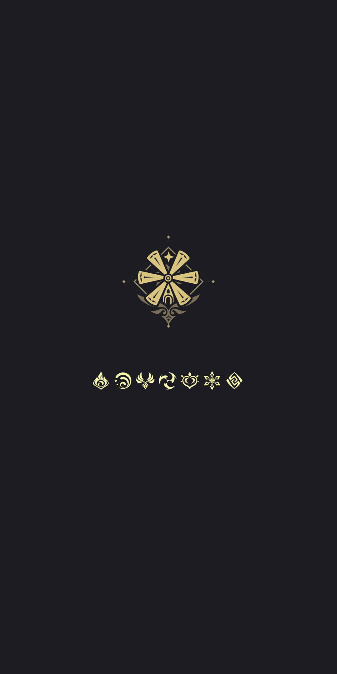 Minimalist Phone 桌布 壁紙 — 金色華麗徽章和元素符號在深黑色背景上發光。