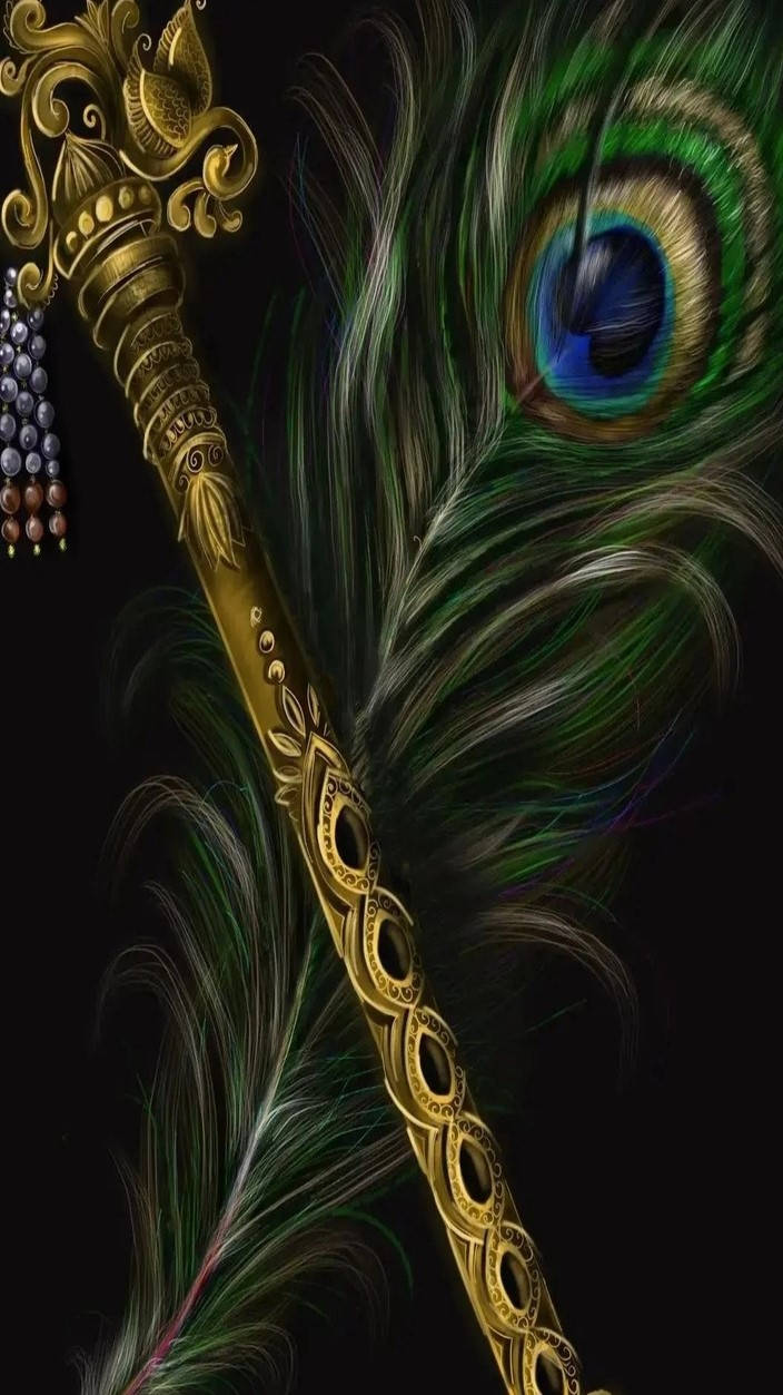 krishna iPhone 桌布 壁紙 — 金色華麗權杖纏繞著虹彩孔雀羽毛，襯以純黑背景。