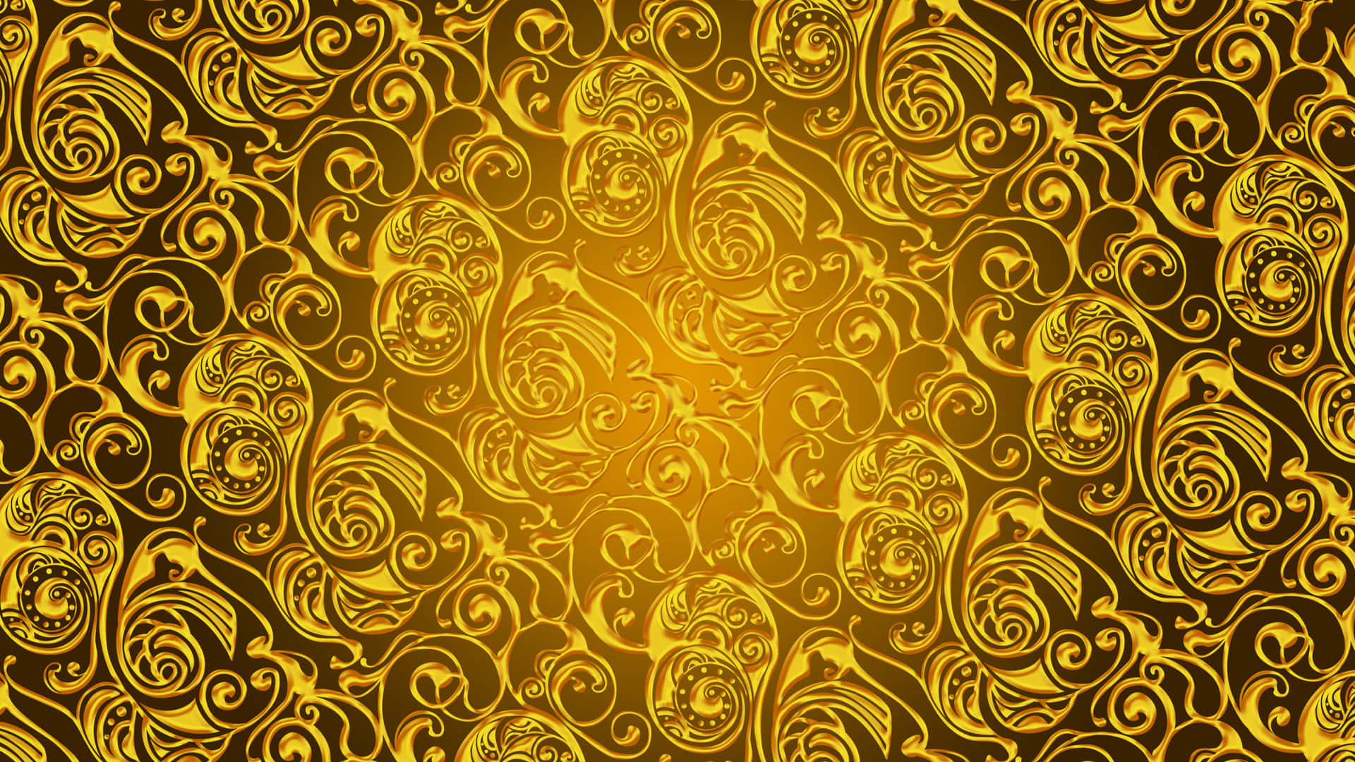 versace 桌布 壁紙 — 金色華麗漩渦從發光中心向黑暗背景輻射，形成奢華圖案。