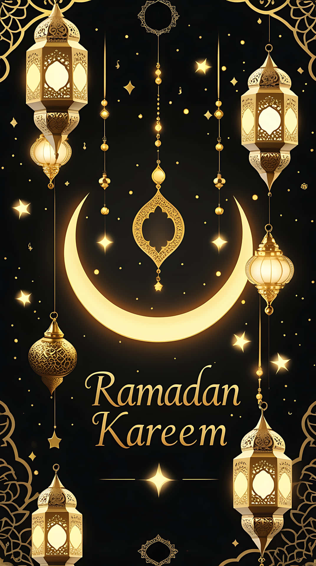 Elegant Ramadan Kareem with Golden Ornaments and Lanterns 壁紙 — 金色華麗燈籠和新月掛在繁星點點的黑色背景上，帶有「Ramadan Kareem」文字。